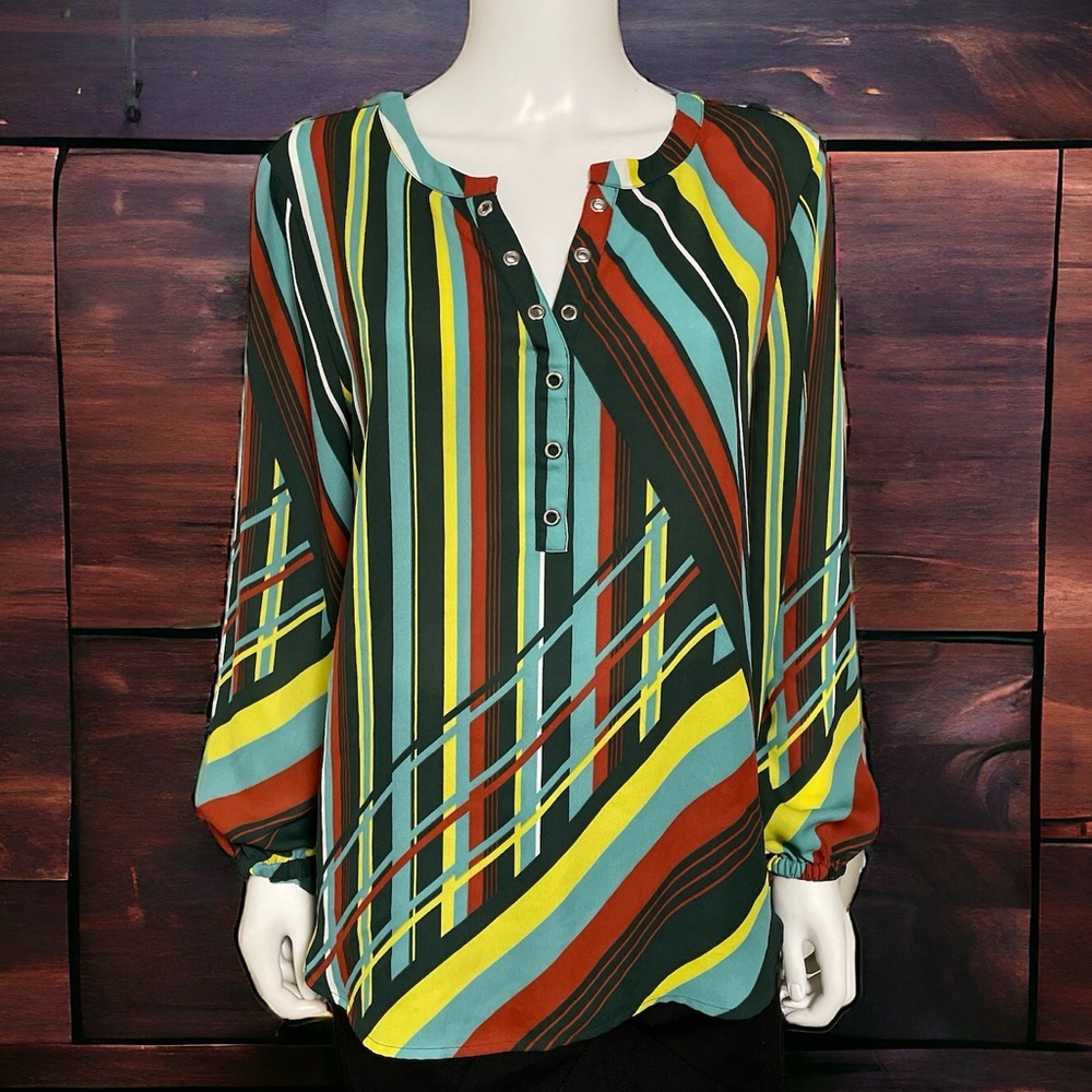 Chaus New York Long Sleeve
Multicolor Striped V-Neck Shirt